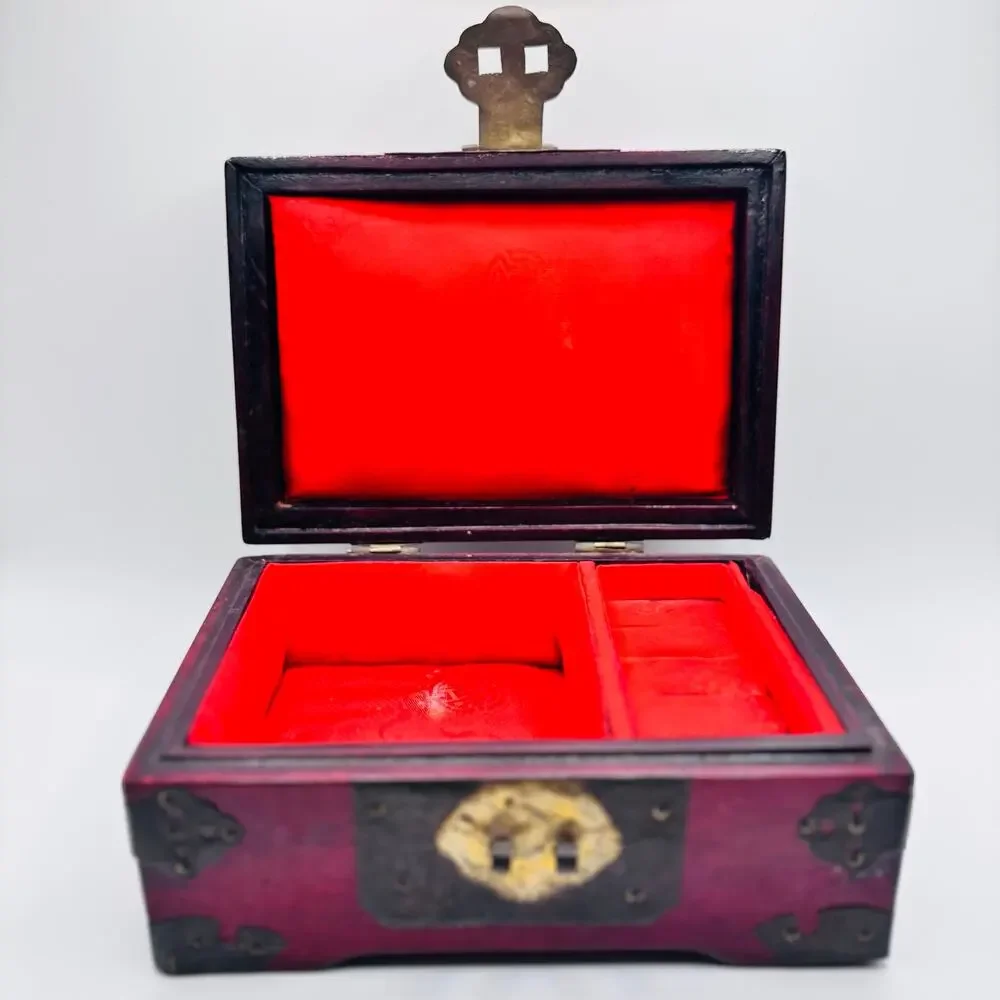 Chinese Hangzhou Wood Jewelry Box Carved Green Stone Metal Hardware